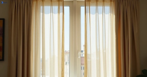 Dusty and dull curtains in spring-mountain before steam cleaning